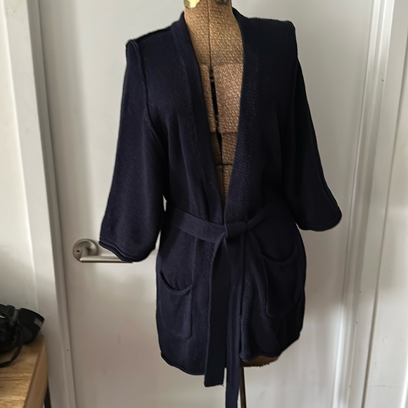 James Perse Navy Organic Cotton Kimono belted sweater cardigan
